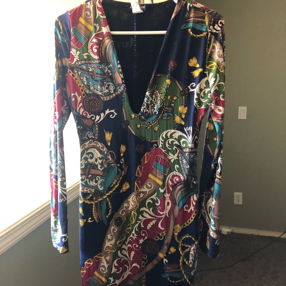 Knee length print dress.